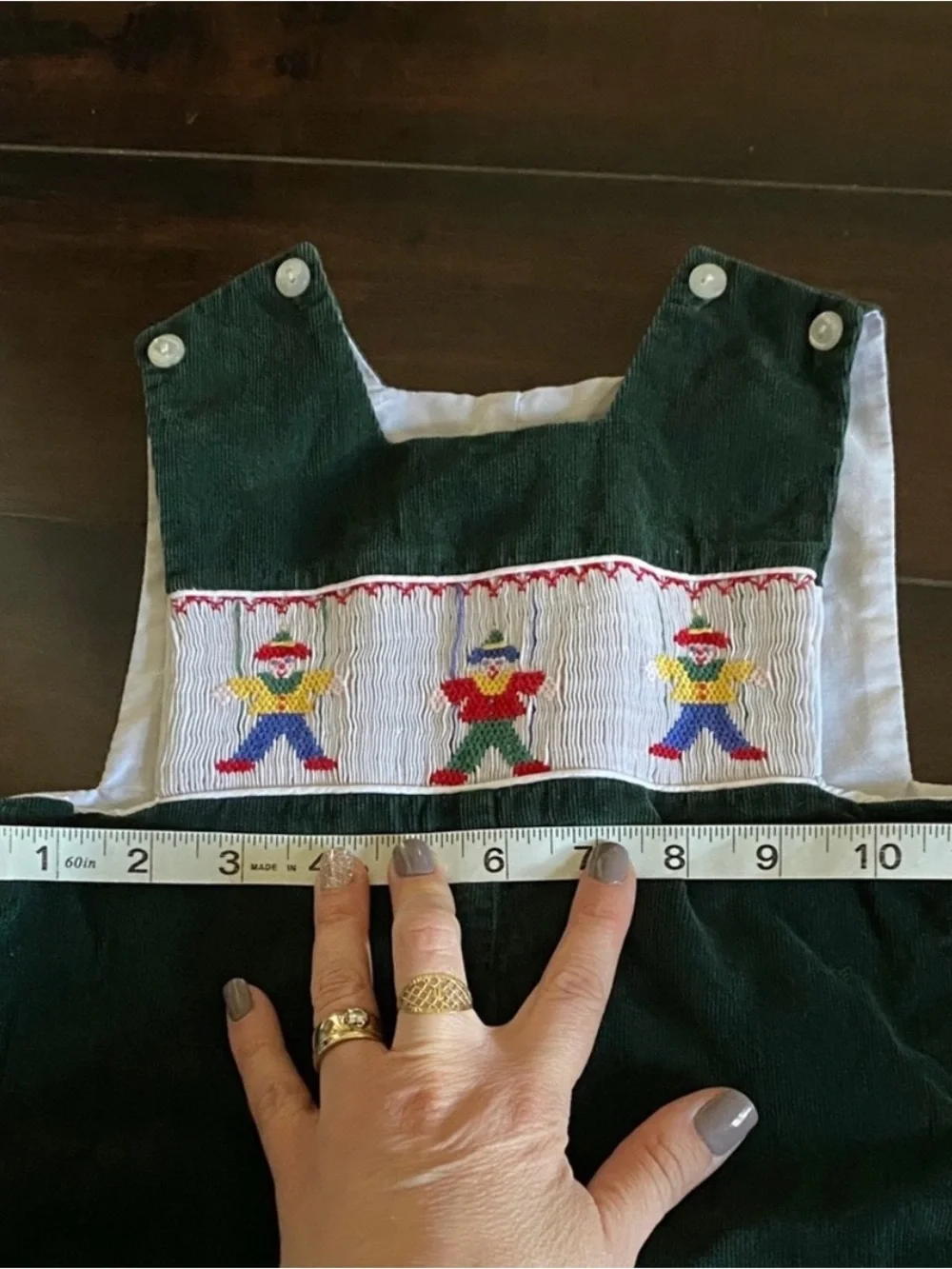 Vintage Anavini Green Corduroy Kids Short Overalls Embroidered Puppets
